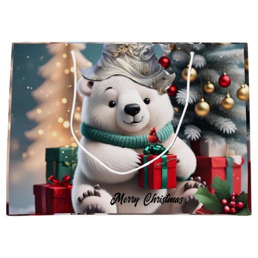 Schattige pluizig kerst polar beer met cadeau. groot cadeauzakje (Voorkant)