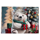 Schattige pluizig kerst polar beer met cadeau. groot cadeauzakje (Achterkant)