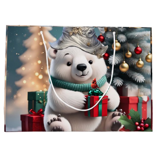 Schattige pluizig kerst polar beer met cadeau. groot cadeauzakje (Achterkant)