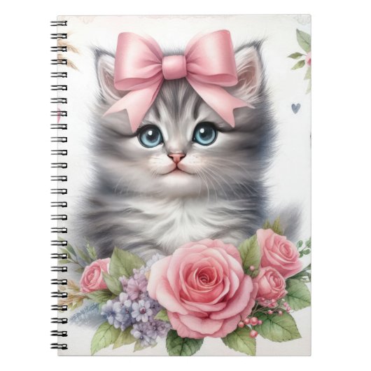 SCHATTIGE PLUIZIG KITTEN MET BOGEN EN BLOEMEN NOTITIEBOEK (Voorkant)