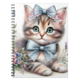 SCHATTIGE PLUIZIG KITTEN MET BOGEN EN BLOEMEN NOTITIEBOEK