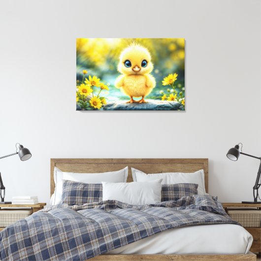Schattige pluizig kuiken met grote ogen die op een canvas afdruk (Insitu (Slaapkamer))