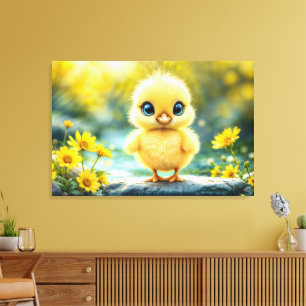Schattige pluizig kuiken met grote ogen die op een canvas afdruk