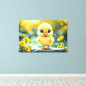 Schattige pluizig kuiken met grote ogen die op een canvas afdruk (Insitu (Houten vloer))