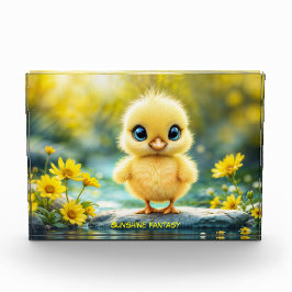 Schattige pluizig kuiken met grote ogen die op een fotoblokken