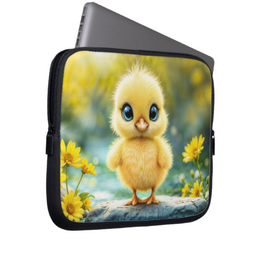 Schattige pluizig kuiken met grote ogen die op een laptop sleeve (Voorkant Rechts)