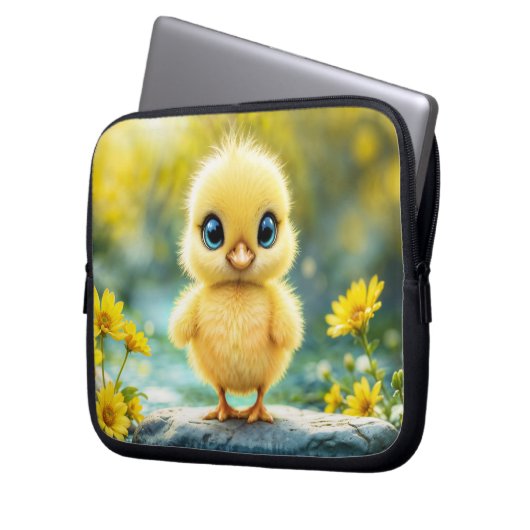 Schattige pluizig kuiken met grote ogen die op een laptop sleeve (Voorkant Links)