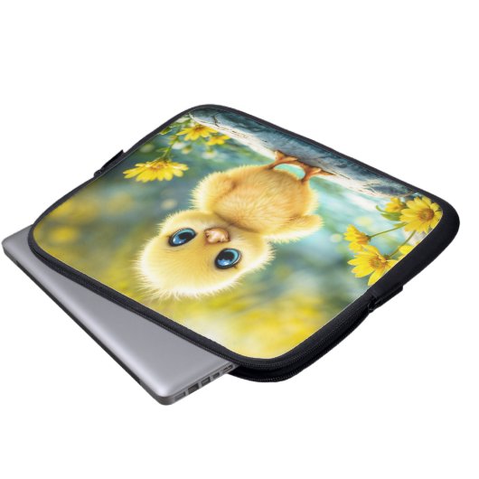 Schattige pluizig kuiken met grote ogen die op een laptop sleeve (Voorkant onderkant)