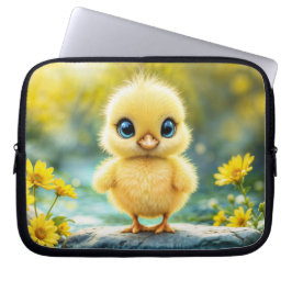 Schattige pluizig kuiken met grote ogen die op een laptop sleeve