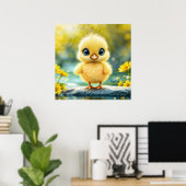 Schattige pluizig kuiken met grote ogen die op een poster (Thuiskantoor)