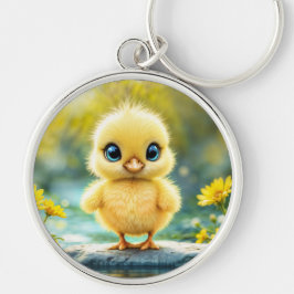 Schattige pluizig kuiken met grote ogen die op een sleutelhanger