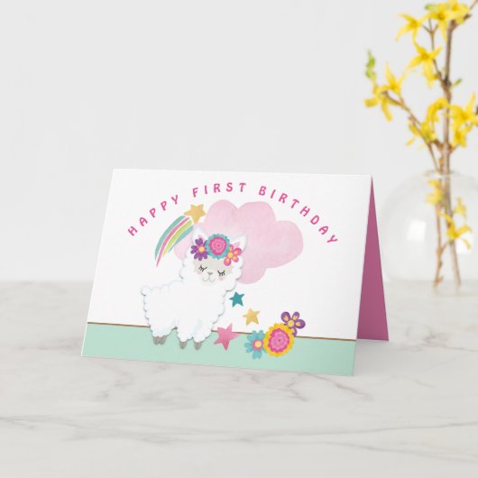 Schattige pluizig lama meisje happy first birthday kaart (Gele Bloem)