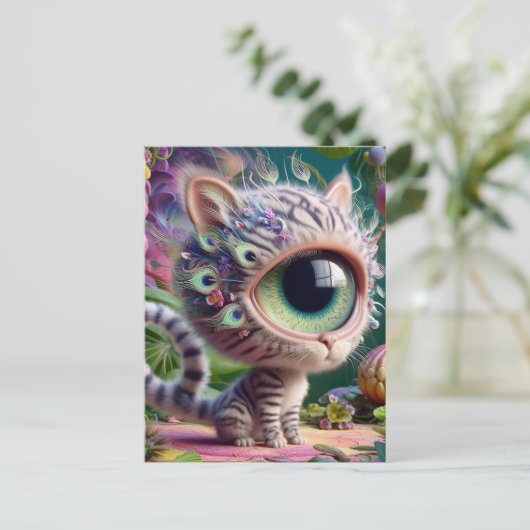 Schattige pluizige eenogige kitten briefkaart (Staand voorkant)