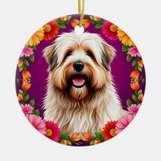 Schattige pluizige hond met bloemen keramisch ornament (Voorkant)
