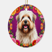 Schattige pluizige hond met bloemen keramisch ornament (Links)