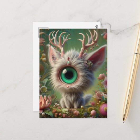 Schattige pluizige jackalope kitten met één oog briefkaart (Voorkant / Achterkant in situ)