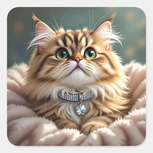 Schattige Pluizige Kat | Blank Vierkante Sticker (Voorkant)