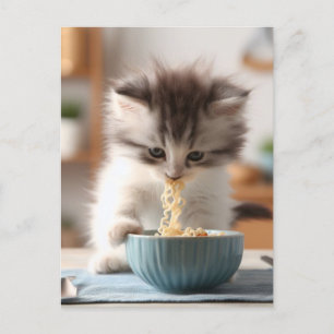 Schattige pluizige kitten eten ramen noedels briefkaart
