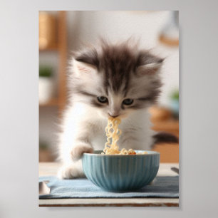 Schattige pluizige kitten eten ramen noedels poster