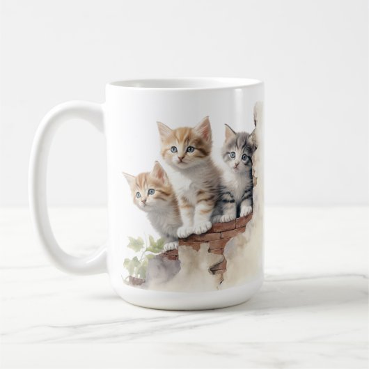 SCHATTIGE PLUIZIGE KITTENS OP BAKSTENEN MUUR KOFFIEMOK (Links)