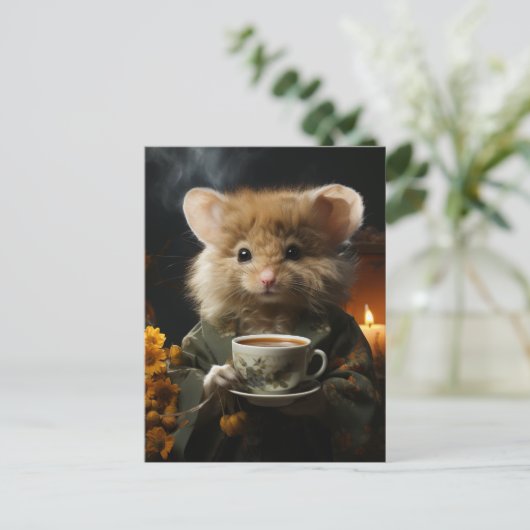 Schattige pluizige muis met thee briefkaart (Staand voorkant)