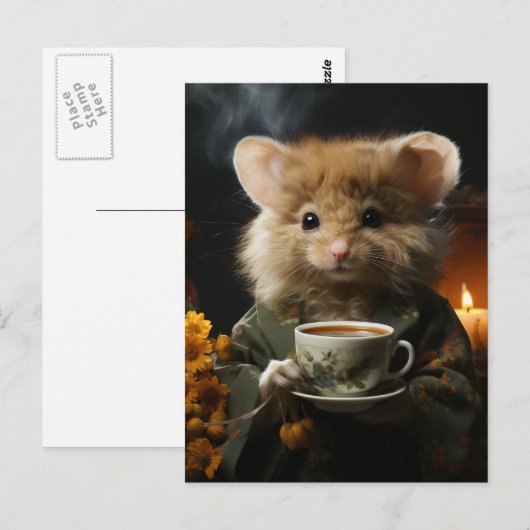 Schattige pluizige muis met thee briefkaart (Voorkant / Achterkant)