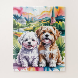 Schattige Pluizige Puppies in Waterverf Stadpark Legpuzzel