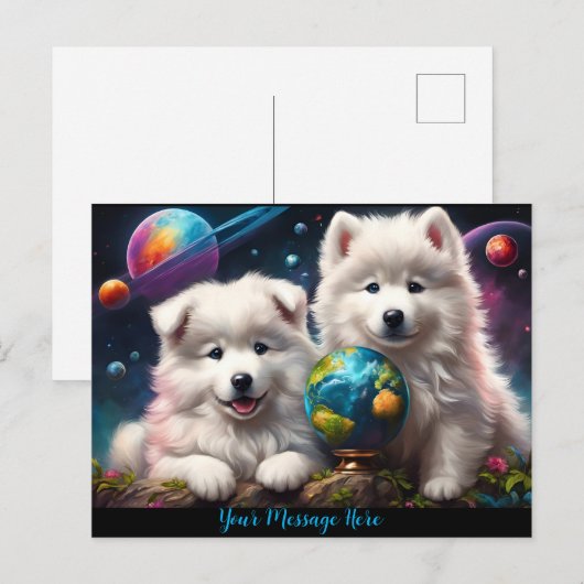 Schattige pluizige Samoyed Puppies, Earth Briefkaart (Voorkant / Achterkant)