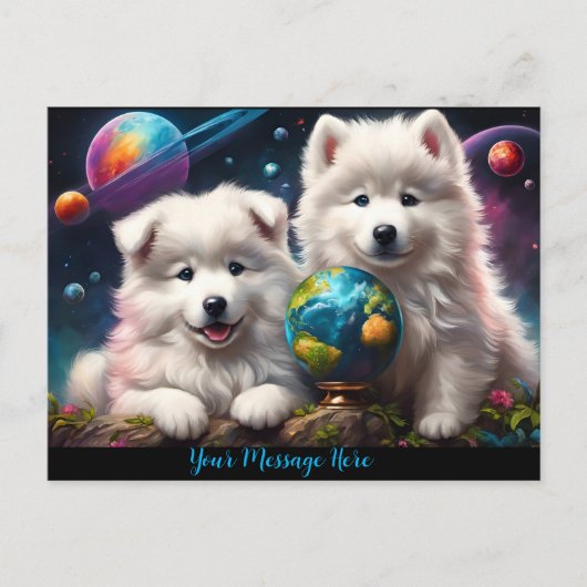 Schattige pluizige Samoyed Puppies, Earth Briefkaart (Voorkant)