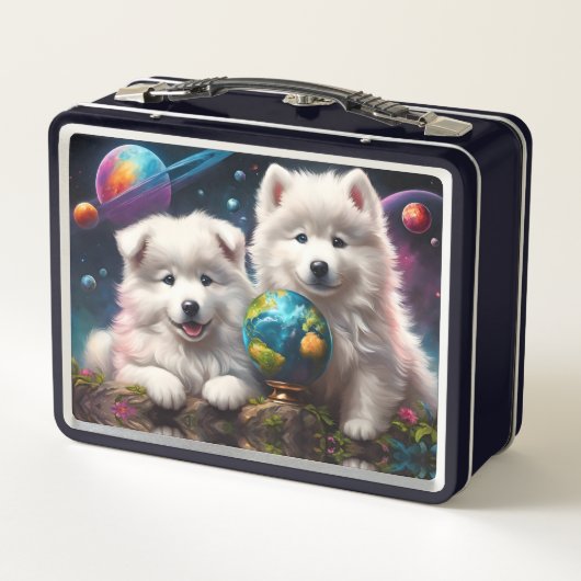 Schattige pluizige Samoyed Puppies, Planets Earth (Achterkant)