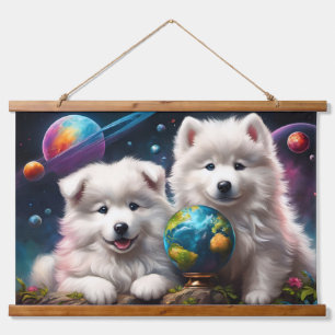 Schattige pluizige Samoyed Puppies, Planets Earth Hangend Wandkleed