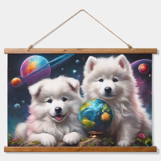 Schattige pluizige Samoyed Puppies, Planets Earth Hangend Wandkleed (Voorkant)