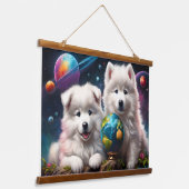 Schattige pluizige Samoyed Puppies, Planets Earth Hangend Wandkleed (Gebogen)