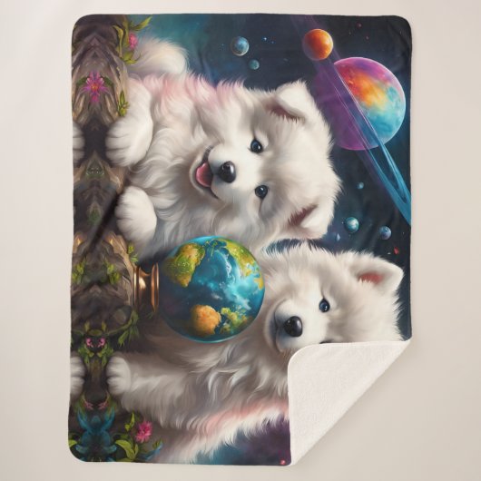 Schattige pluizige Samoyed Puppies, Planets Earth Sherpa Deken (Voorkant)