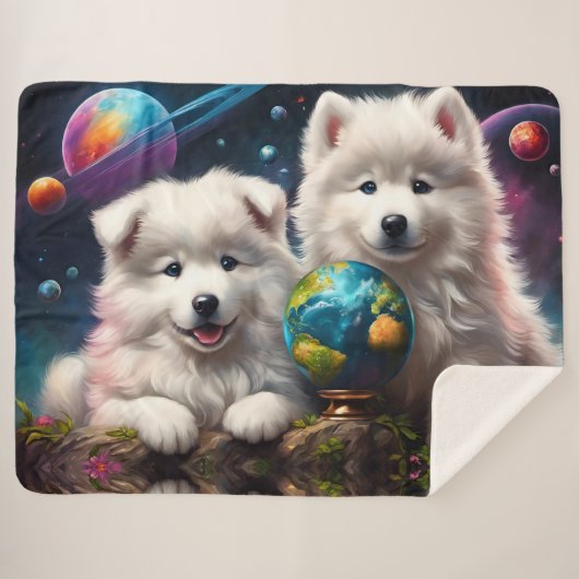 Schattige pluizige Samoyed Puppies, Planets Earth Sherpa Deken (Voorkant (horizontaal))