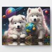 Schattige pluizige Samoyed Puppies, Space Earth We Fotoplaat (Voorkant)