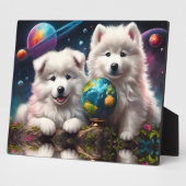 Schattige pluizige Samoyed Puppies, Space Earth We Fotoplaat (Zijkant)