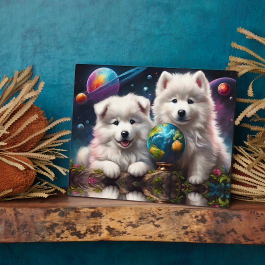 Schattige pluizige Samoyed Puppies, Space Earth We Fotoplaat (Zijkant)