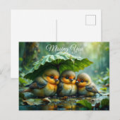 Schattige pluizige vogels in de regen *Jou Missen* Briefkaart (Voorkant / Achterkant)