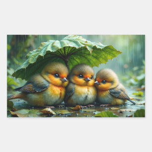 Schattige pluizige vogels in de regen rechthoekige sticker