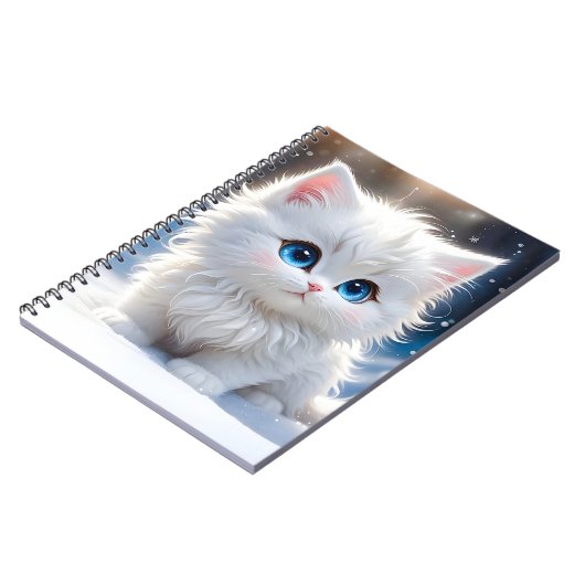 Schattige pluizige witte kat blauwe ogen roze wang notitieboek (Linkerzijde)