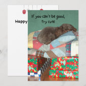 Schattige poedel ligt op kerstcadeaus vakantie feestdagenkaart (Voorkant / Achterkant)