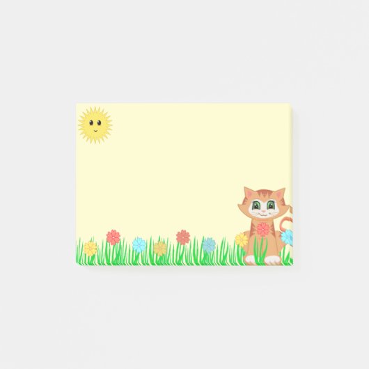 Schattige poes kat, zon, bloemen en gras post-it® notes (Voorkant)