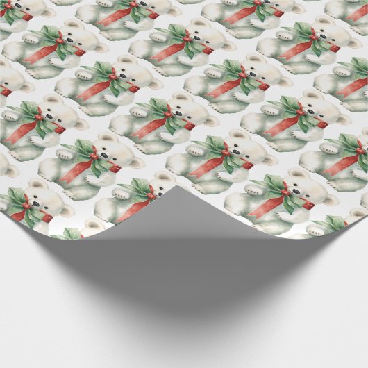 Schattige polair Beer rood groen lint Waterverf Cadeaupapier (Hoek)