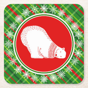 Schattige Polar Beer Animal Christmas Groen Rood P Kartonnen Onderzetters