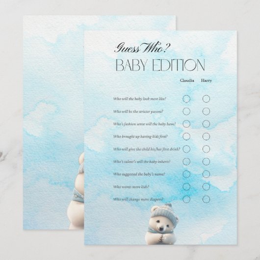 Schattige Polar Beer Blauw Winter Baby shower Game Bedankkaart (Voorkant / Achterkant)