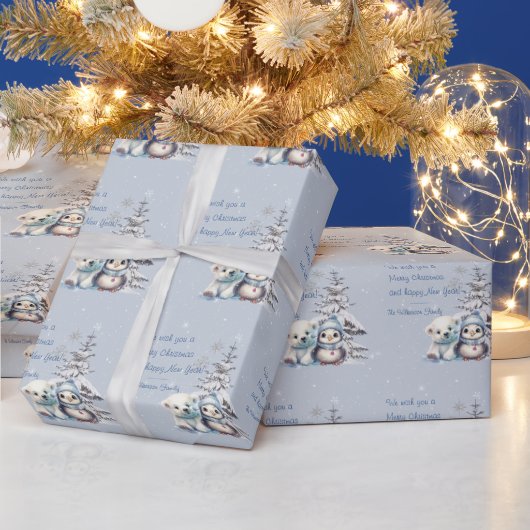 Schattige Polar Beer en Pinguïn Noordpool Kerstmis Cadeaupapier (Feestdagen)