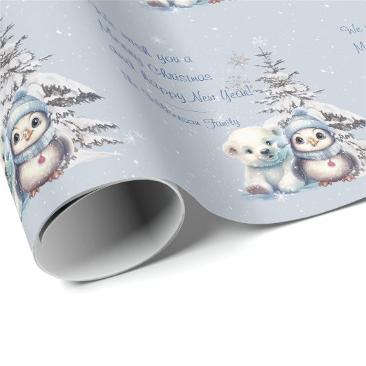 Schattige Polar Beer en Pinguïn Noordpool Kerstmis Cadeaupapier (Rol Hoek)