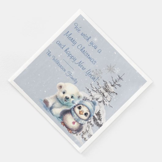 Schattige Polar Beer en Pinguïn Noordpool Kerstmis Servet (Hoek)