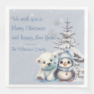 Schattige Polar Beer en Pinguïn Noordpool Kerstmis Servet